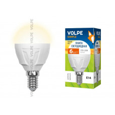 Лампа светодиодная Volpe LED-G45-6W/WW/E14/FR/S Форма шар, матовая колба. Материал корпуса термопластик. Цвет свечения теплый белый. Серия Simple