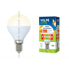 Лампа светодиодная Volpe LED-G45-6W/WW/E14/FR/O Форма шар, матовая колба. Материал корпуса пластик. Цвет свечения теплый белый. Серия Optima