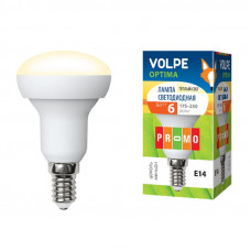 Лампа светодиодная Volpe LED-R50-6W/WW/E14/FR/O Форма Рефлектор, матовая колба. Материал корпуса пластик. Цвет свечения теплый белый. Серия Optima